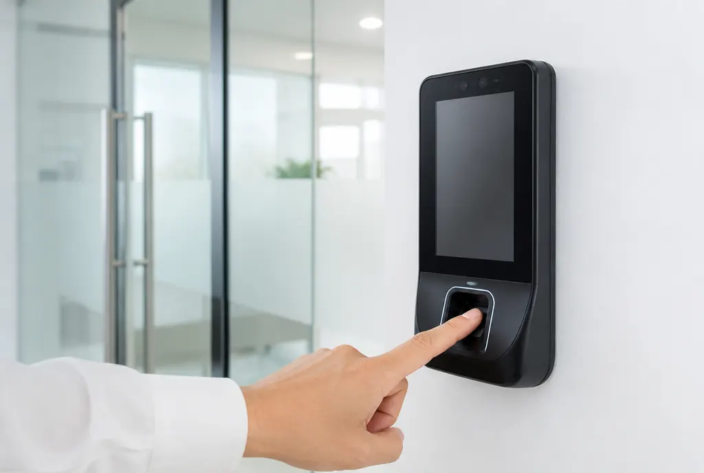 Employee marking attendance on a wall-mounted biometric fingerprint and face recognition terminal at an office entrance