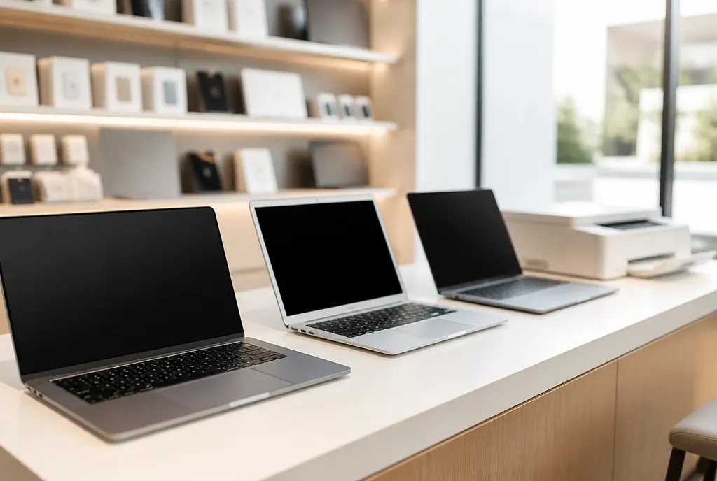 Laptops and desktop computers on display at the Palm Vision Technology counter in Udaipur