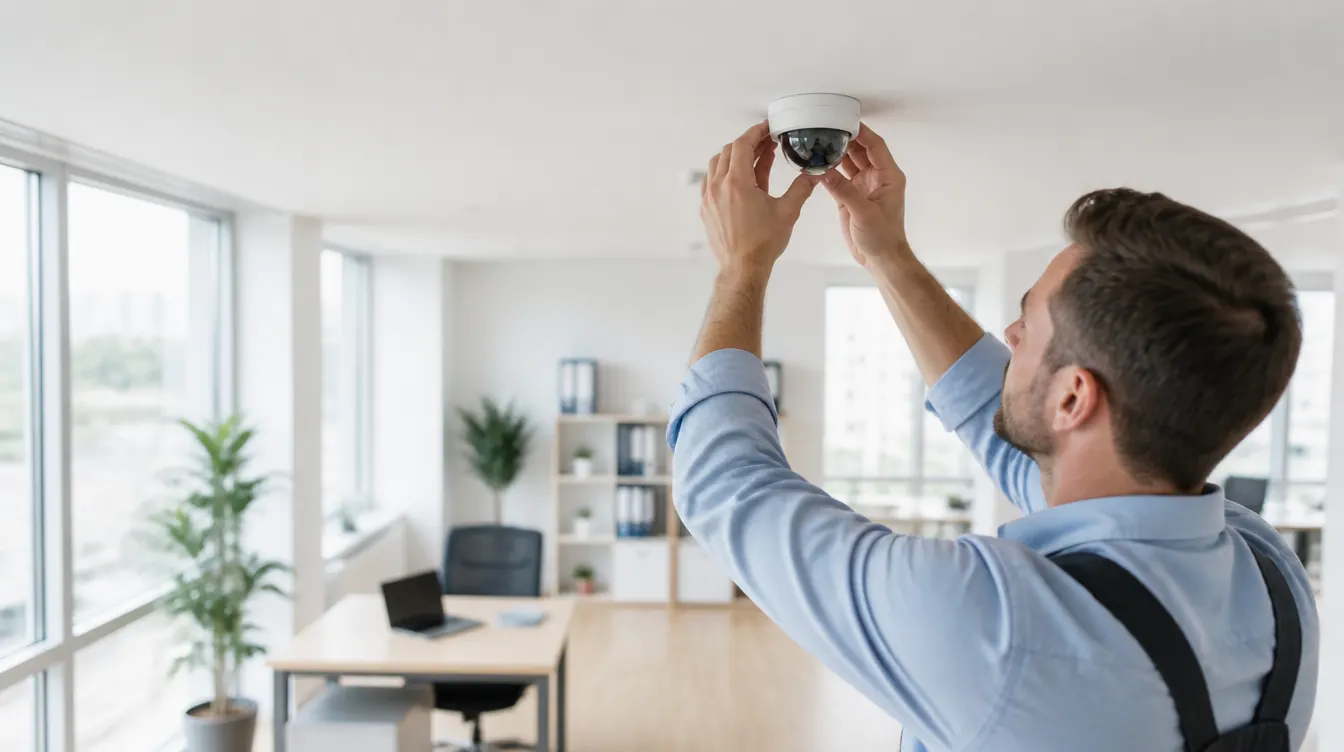 Technician installing a dome CCTV camera on the ceiling of a bright modern office